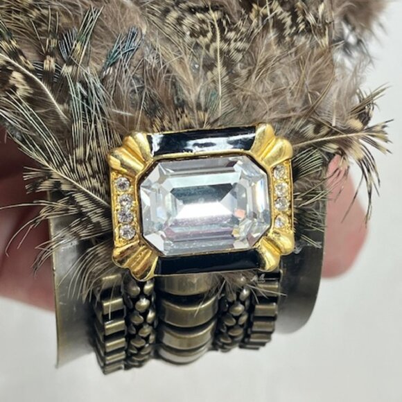 VTG Bird Feathered Crystal Rhinestones Brass Metal Bracelet Adjustable 6.5" - Picture 8 of 16